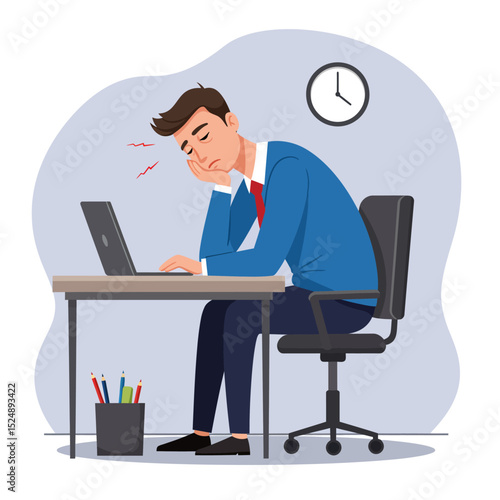 Tired businessman working on laptop at office desk feeling exhausted
