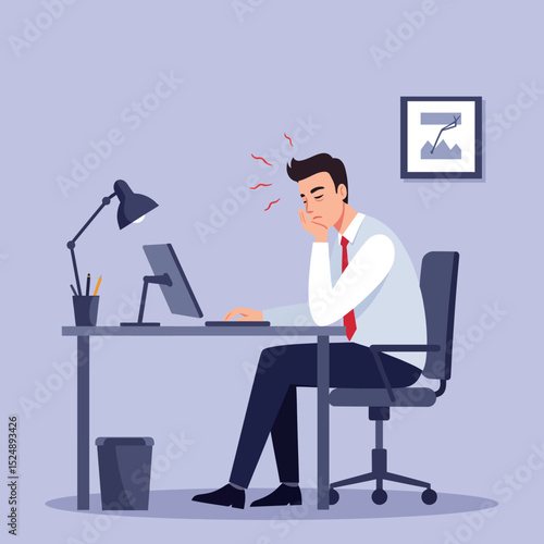 Stressed Businessman at Desk with Computer Experiencing Headache and Fatigue