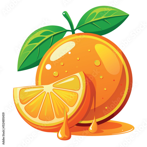 Vibrant Orange with Slice, Green Leaves, and Dripping Juice Illustration on White