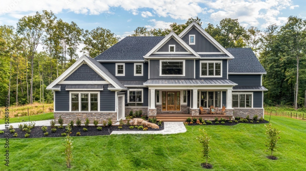 Obraz premium A two-story, dark blue house with white trim and shutters, surrounded by a lush green lawn and trees