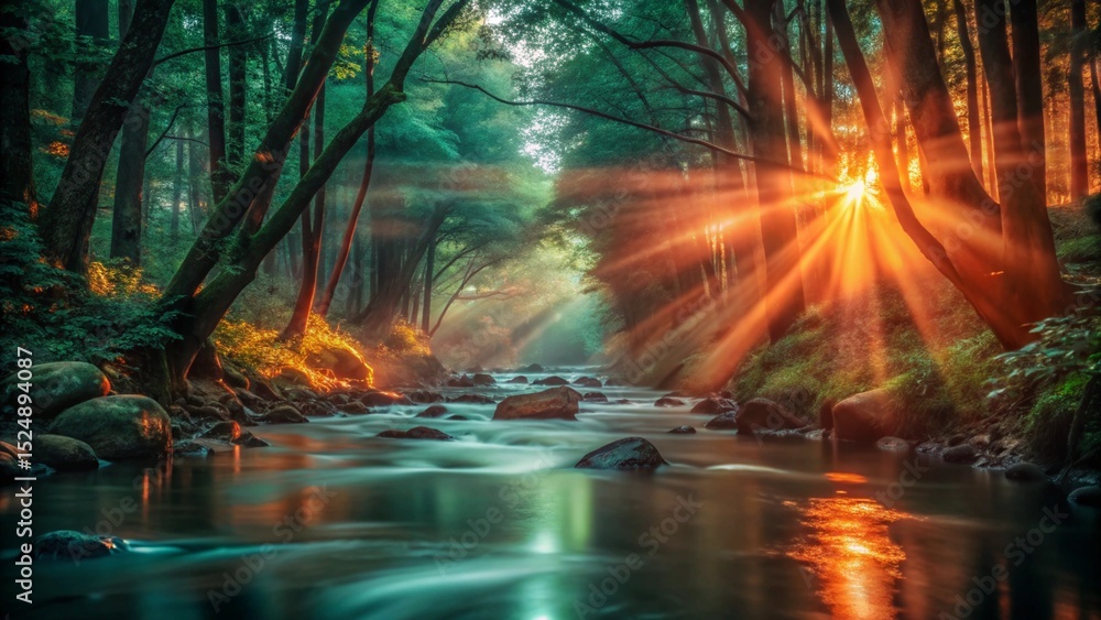 Fototapeta premium A calm river winding through a dense forest, sun rays piercing through green canopy, early summer morning mist, serene and magical atmosphere