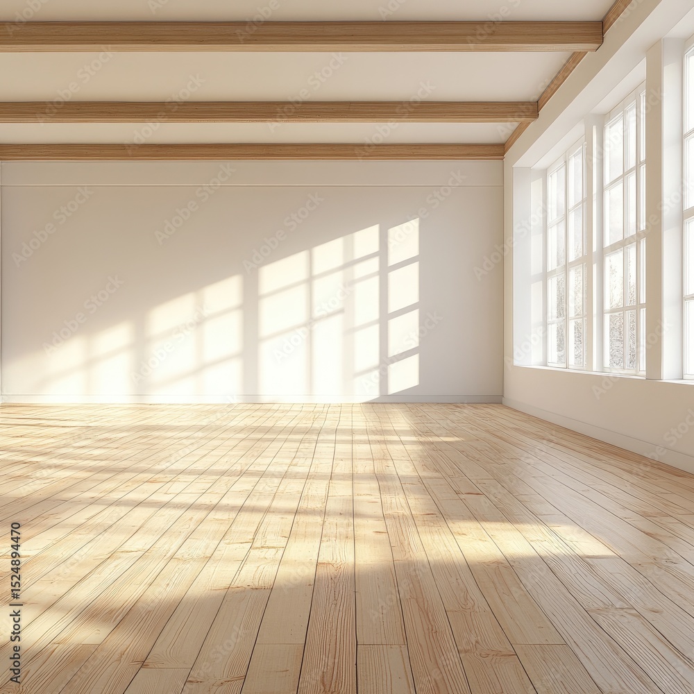 Fototapeta premium Sunlit empty room with hardwood floor and large windows (8)