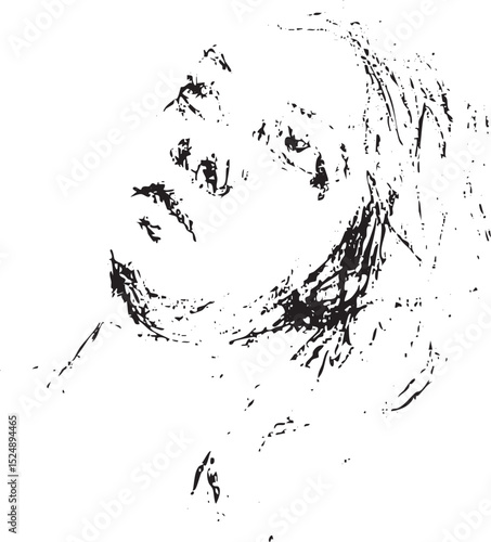 Distressed Black and White Artistic Sketch of a Woman with a Pained Upward Gaze
