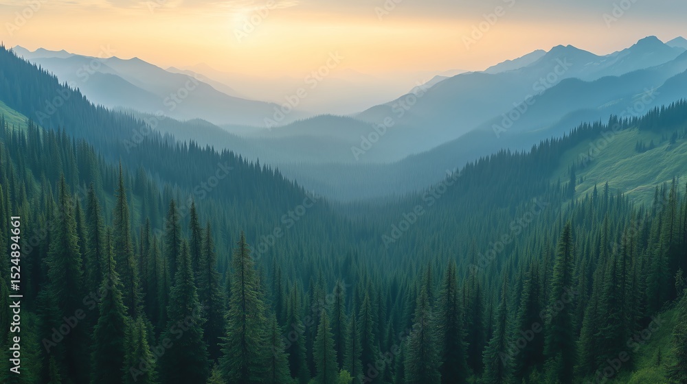 Fototapeta premium Aerial panorama of Washington forest with layered mountain views, capturing lush greenery from above