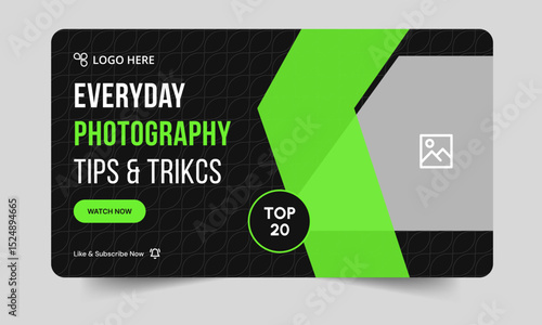 Trendy daily  photography tips and tricks video thumbnail banner design, daily photography learning tips and techniques video cover banner design, editable vector eps 10 file format