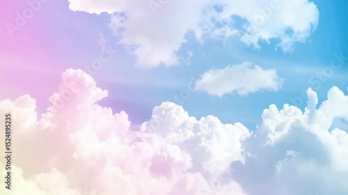Dreamy pastel sky with fluffy cumulus clouds in shades of pink, yellow, blue, and white creating a soft and calming heavenly atmosphere