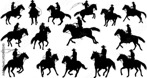 vector set of Cowboy rodeo set wild horses. Vector rodeo silhouette of cowboy riding wild horses isolated on white for design
