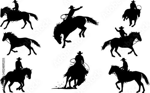 vector set of Cowboy rodeo set wild horses. Vector rodeo silhouette of cowboy riding wild horses isolated on white for design
