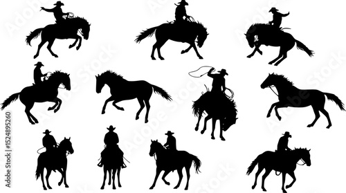 vector set of Cowboy rodeo set wild horses. Vector rodeo silhouette of cowboy riding wild horses isolated on white for design
