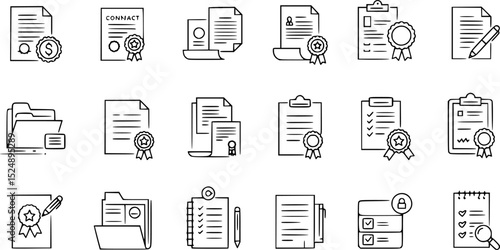 Document set of web icons in line style. Documents linear icon collection. Containing contract papers, folder, certificate, accept, approved, clipboard, invoice, archive and more. Editable stroke