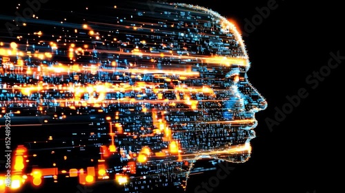 Digital representation of a human face created with glowing lines and data points illustrating advanced ai technology concepts and innovation