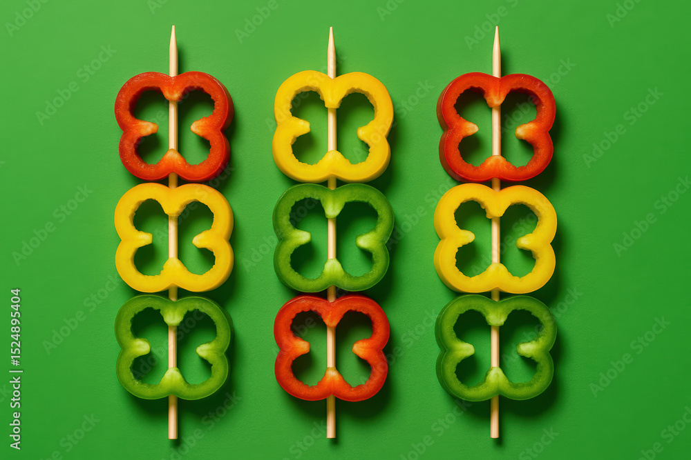 Obraz premium Colorful red, yellow, and green bell pepper slices neatly arranged on three wooden skewers against a vibrant green background