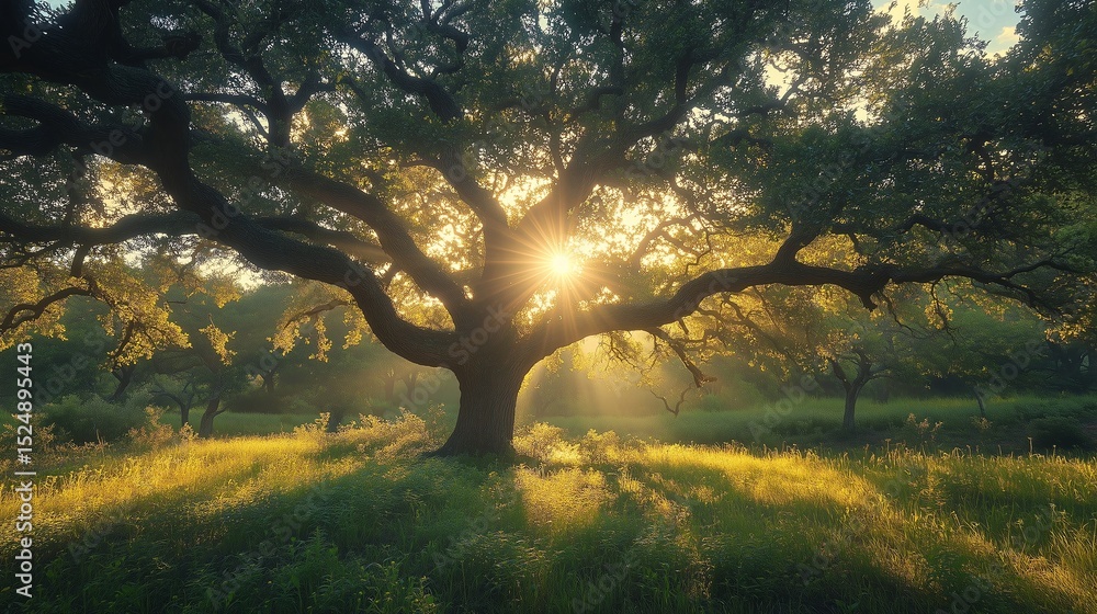 Fototapeta premium Sun rays through oak branches creating panoramic negative space