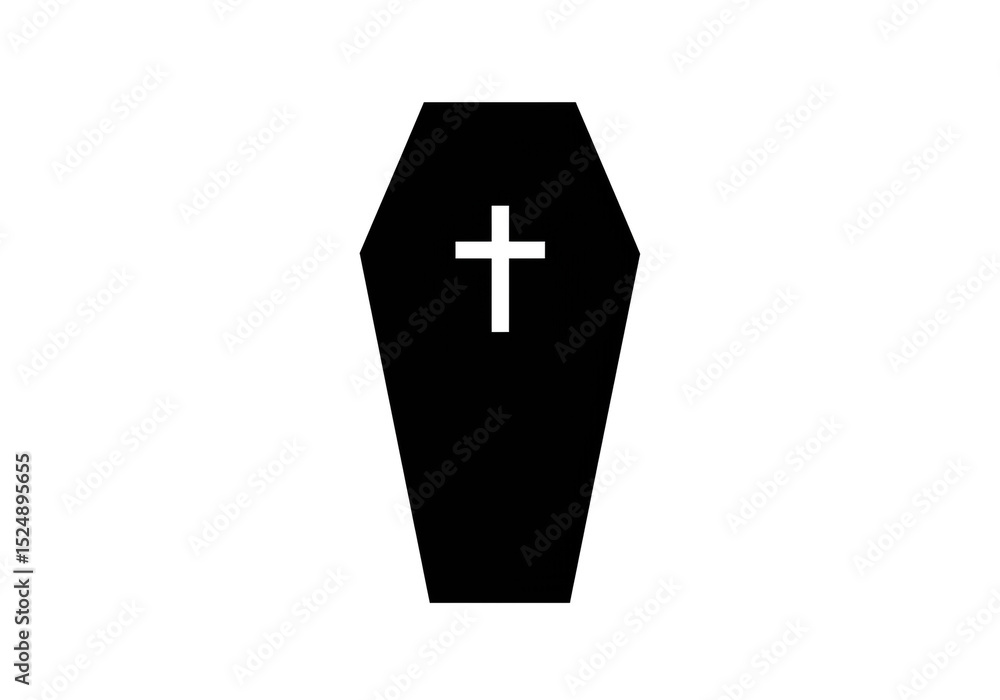 Fototapeta premium A black coffin with a white cross symbol on a white background in a minimalist vector illustration