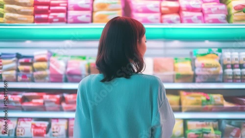 Wallpaper Mural A woman stands in front of brightly lit shelves displaying an array of colorful packaged foods in a grocery store at night Torontodigital.ca