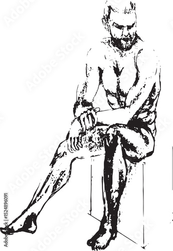 ink sketch of a seated male figure with a beard, rendered with vigorous strokes, highlighting the human form and expression
