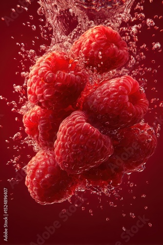 Fresh raspberries immersed in water creating splash on red background
