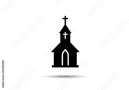Silhouette of a church building with a cross on top against a plain white background with a shadow