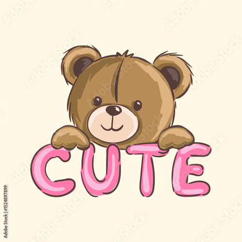 Adorable brown teddy bear holding pink cute letters in playful cartoon style.