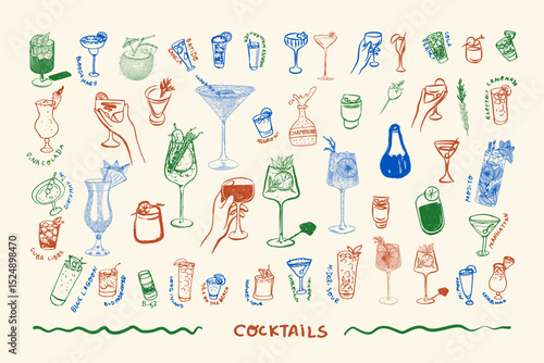 Hand-drawn ink illustrations of cocktails, ideal for bar menus, party invitations, mixology guides, and decor. Perfect for modern bartenders, events, and beverage branding.