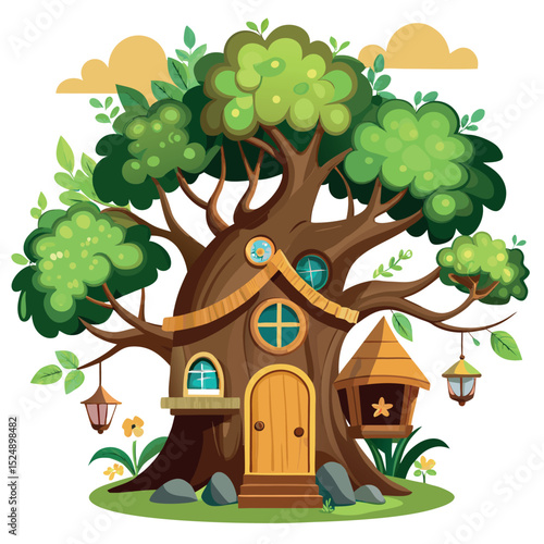 Whimsical Treehouse Illustration Cozy Home Amidst Greenery, Yellow Clouds, and Rustic Charm