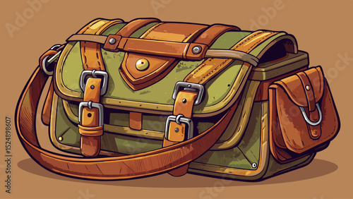 Zoomed-in shot of a vintage canvas messenger bag with leather straps, brass buckles, and weathered texture. A timeless piece for explorers and lovers of retro urban fashion.

