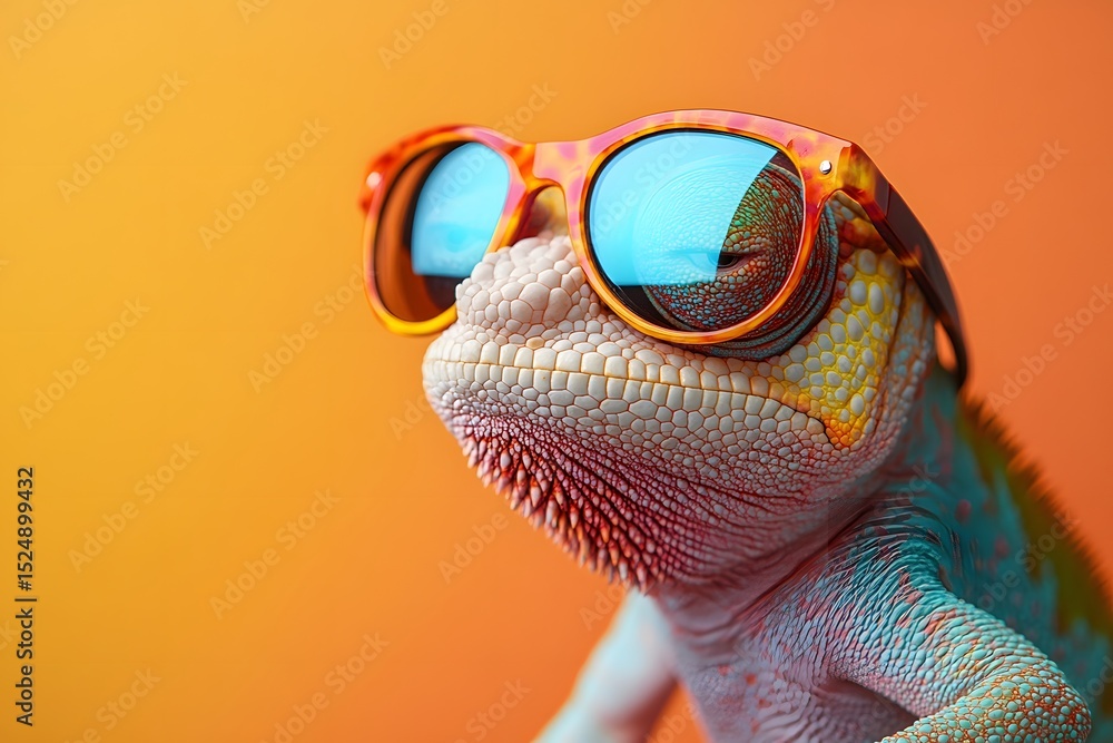 Stylish Chameleon with Sunglasses Against Vibrant Orange Gradient Background for Trendy Design Stylish Chameleon with Sunglasses Against Vibrant Orange Gradient Background for Trendy Design