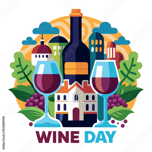 Whimsical Wine Day Illustration with Bottle, Glasses, Grapes, and Cityscape Backdrop