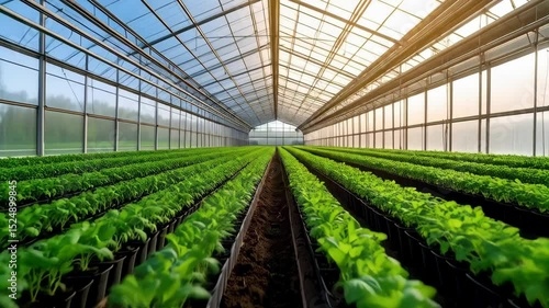Abundant crops cultivated inside modern greenhouse with transparent roof and walls for efficient agricultural production