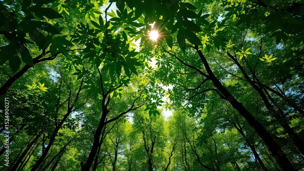 Obraz premium serene forest canopy where vibrant green leaves filter sunlight
