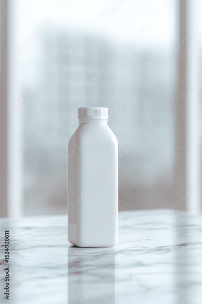 Minimalistic White Milk Bottle with Modern Label on Marble Countertop Minimalistic White Milk Bottle with Modern Label on Marble Countertop