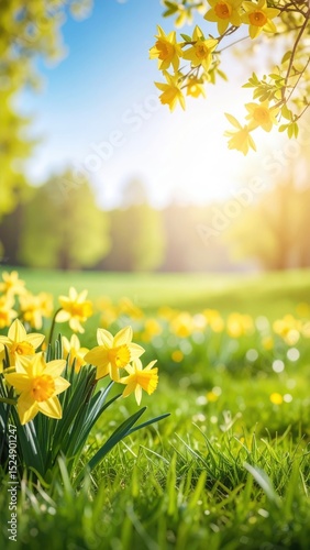 A beautiful spring landscape with a field of yellow daffodils and fresh green grass under a sunny blue sky. A cheerful and vibrant Easter or spring nature scene.