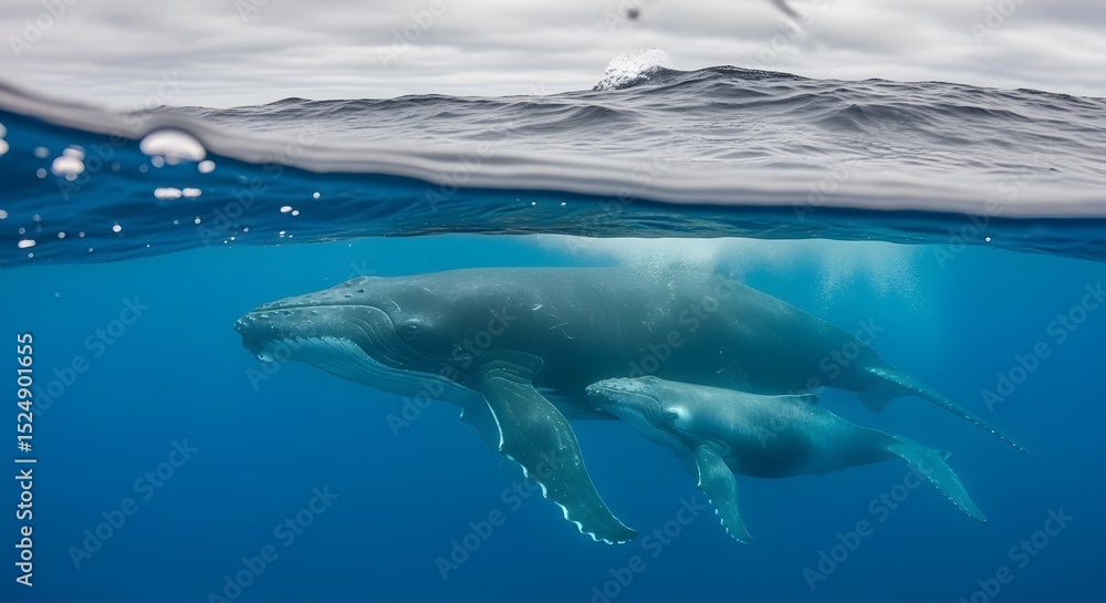 Fototapeta premium Whale with Calf Swimming in Ocean