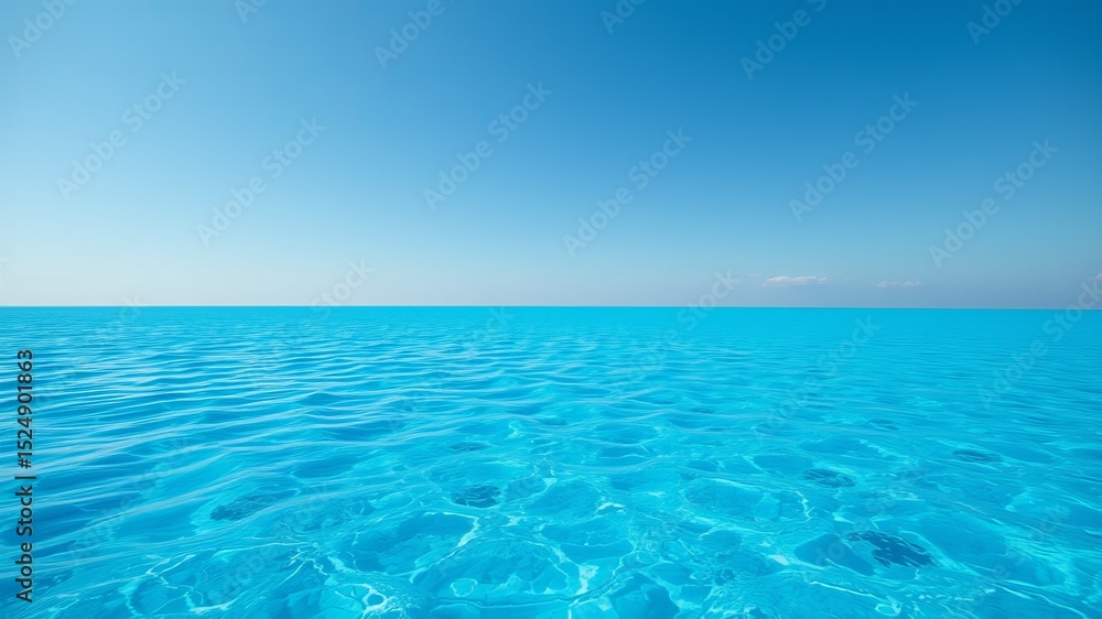 Fototapeta premium A stunning panoramic view of a calm turquoise ocean under a vibrant blue sky on a sunny day.