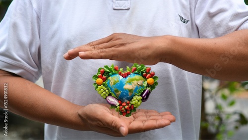 Fruits and vegetables piled around a heart-shaped earth between two hands.World Food Day. World food safety day.