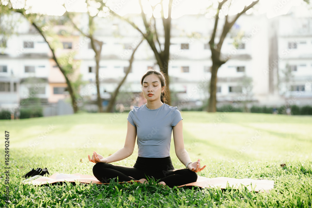 Young Asian woman practicing yoga outdoors on a sunny morning in a park, eyes closed, embracing calm, balance, and mindfulness. Young Asian woman practicing yoga outdoors on a sunny morning in a park, eyes closed, embracing calm, balance, and mindfulness.