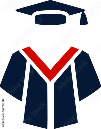Graduation gown icon in navy with red accents and mortarboard