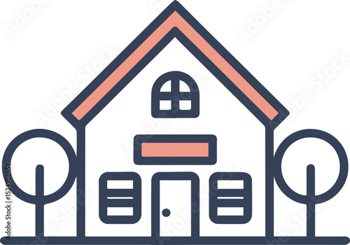 House icon with tree and windows in outline style
