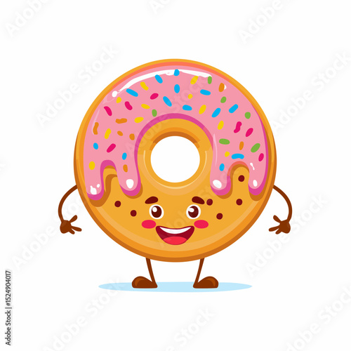 An adorable anthropomorphic donut featuring colorful sprinkles, smiling widely with hands on hips, in a clean flat vector illustration-generate AI