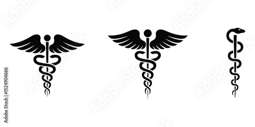 pharmaceutical icon set including medical cross, rod and snake, star of life, caduceus, rod of asclepius, and bowl of hygieia symbols for pharmacy, healthcare, and medicine design projects


