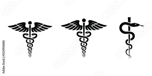 medical and pharmacy icon pack with traditional symbols like the bowl of hygieia, caduceus, rod and snake, and star of life designed for health apps, clinics, and drugstore branding

