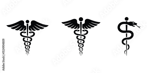medical and pharmaceutical icons set with star of life, bowl of hygieia, caduceus, rod of asclepius, and pharmacy cross for healthcare marketing, digital design, and education

