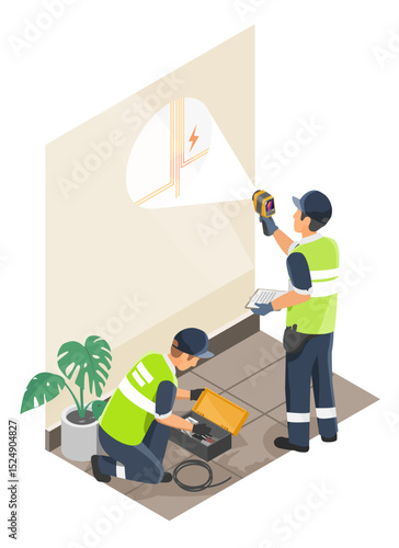Two utility workers scanning wall for hidden electrical lines using thermal camera device and diagnostic tools in indoor safety inspection scene