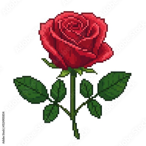 Pixel art depiction of a vibrant red rose with green leaves, suitable for digital design projects