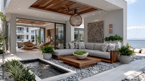 Open-air living room facing ocean with coastal architecture highlights high resolution image