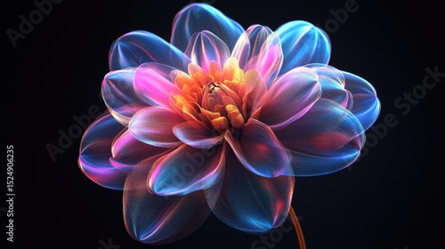 A vibrant, translucent flower with glowing petals in shades of pink, blue, and orange against a dark background. The flower appears ethereal and luminous.