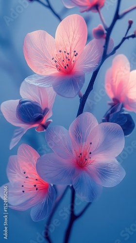Delicate cherry blossoms bloom on a slender branch. The flowers exhibit soft pink and white hues against a blue background, creating a serene atmosphere.