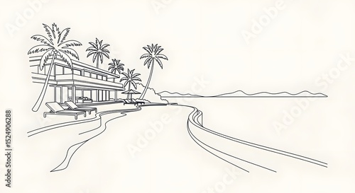 Beach House Line Art Palm Trees Seaside Illustration