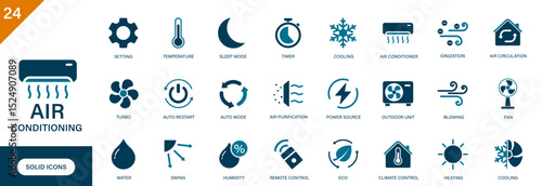 Air conditioning icon. Containing cooling, ionization, blowing, heating, swing. Solid vector icons collection.