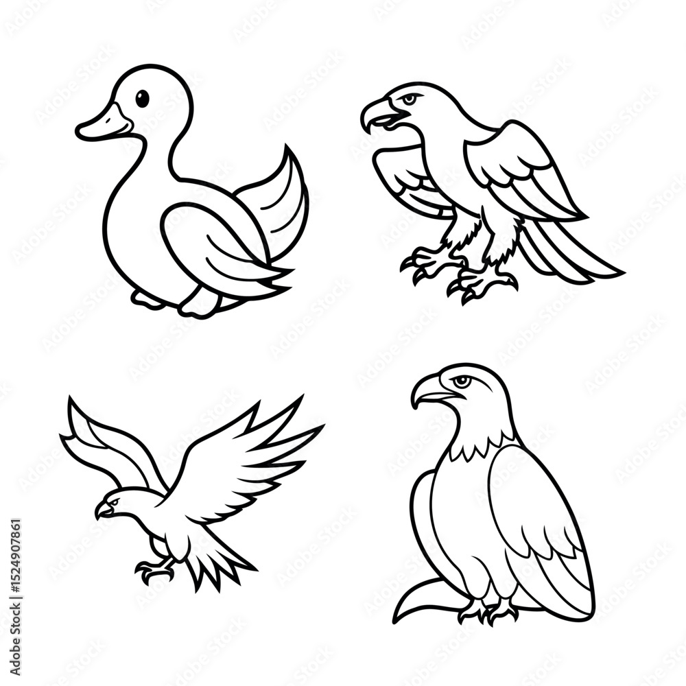 Fototapeta premium Cute Cartoon Birds Duck, Eagle, and Hawk Line Art Illustrations